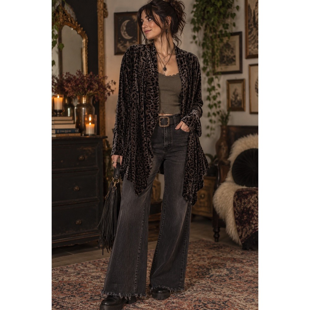 Amaryllis Leopard Print Velvet Duster Cardigan Gold Metallic Open L Whimsygoth